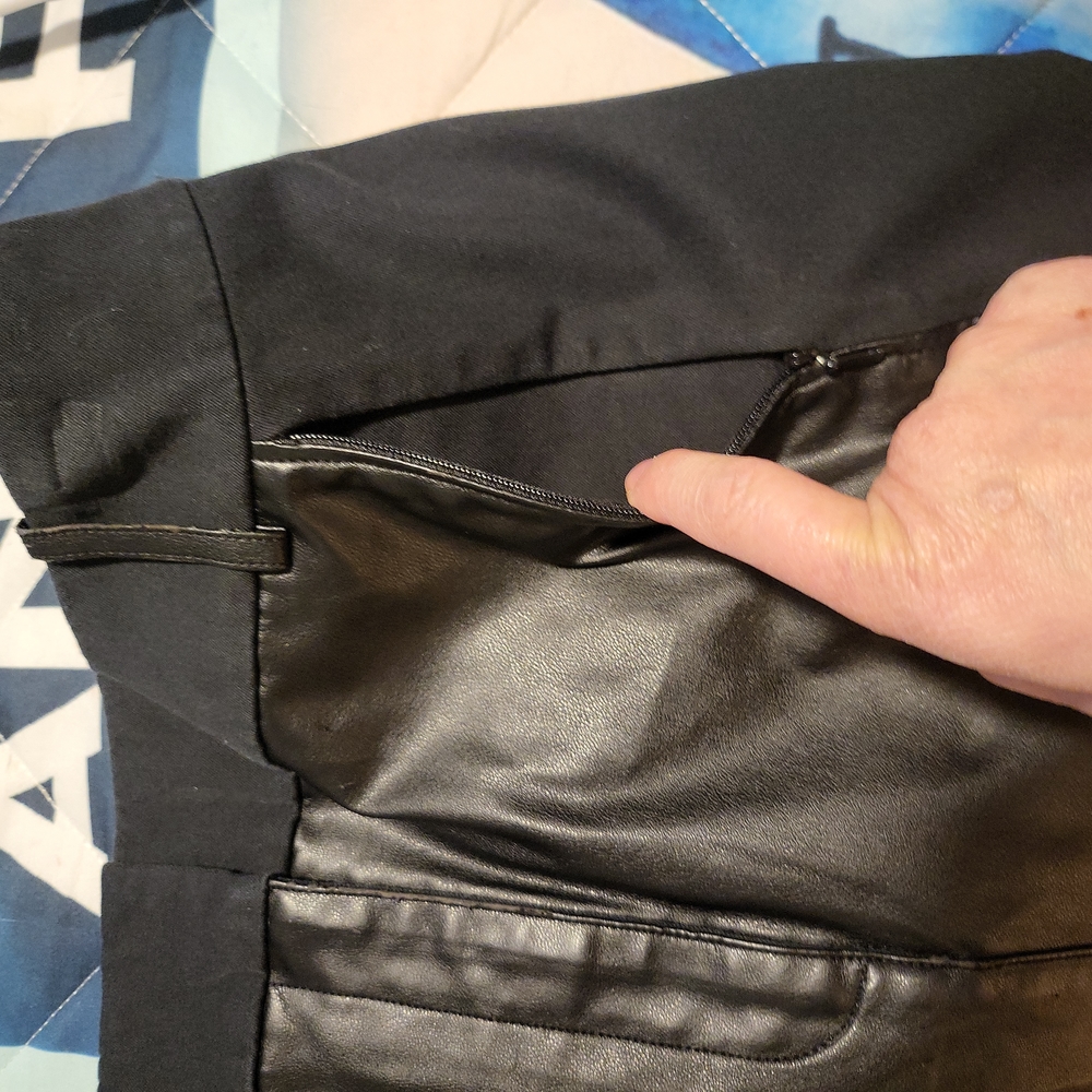 Ann Taylor size 2, Black straight skirt with faux leather front panel and trim